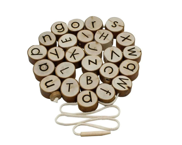 Wooden Alphabet Letters Threading on white background - Learning Island