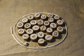 Wooden Alphabet Letters Threading close up view - Learning Island