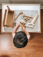 Natural Wooden Tools Set Toy boy playing above view - Learning Island