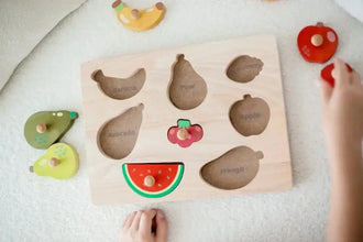 Wooden Fruit Knob Puzzle detail of words - Learning Island